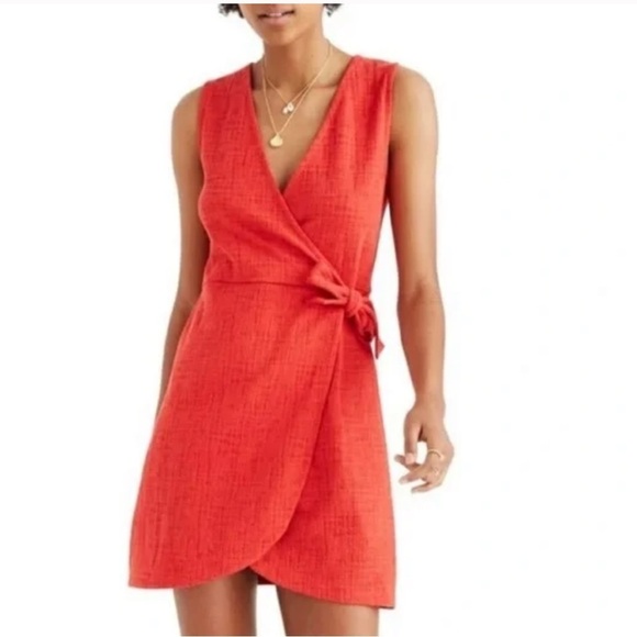 Madewell Texture & Thread Crosshatch Side Tie Dress in Enamel Red Size Med - Picture 1 of 4